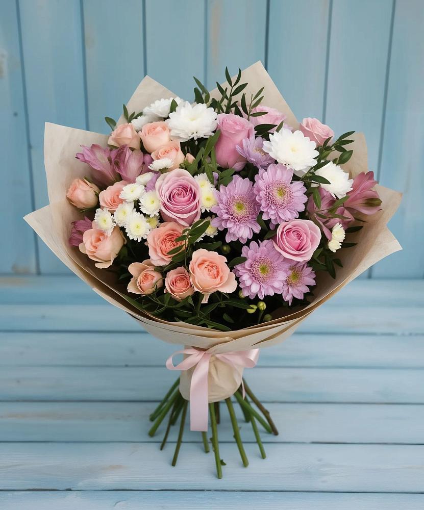 Букет цветов из: Хризантемы, Розы и Альстромерии в Талах