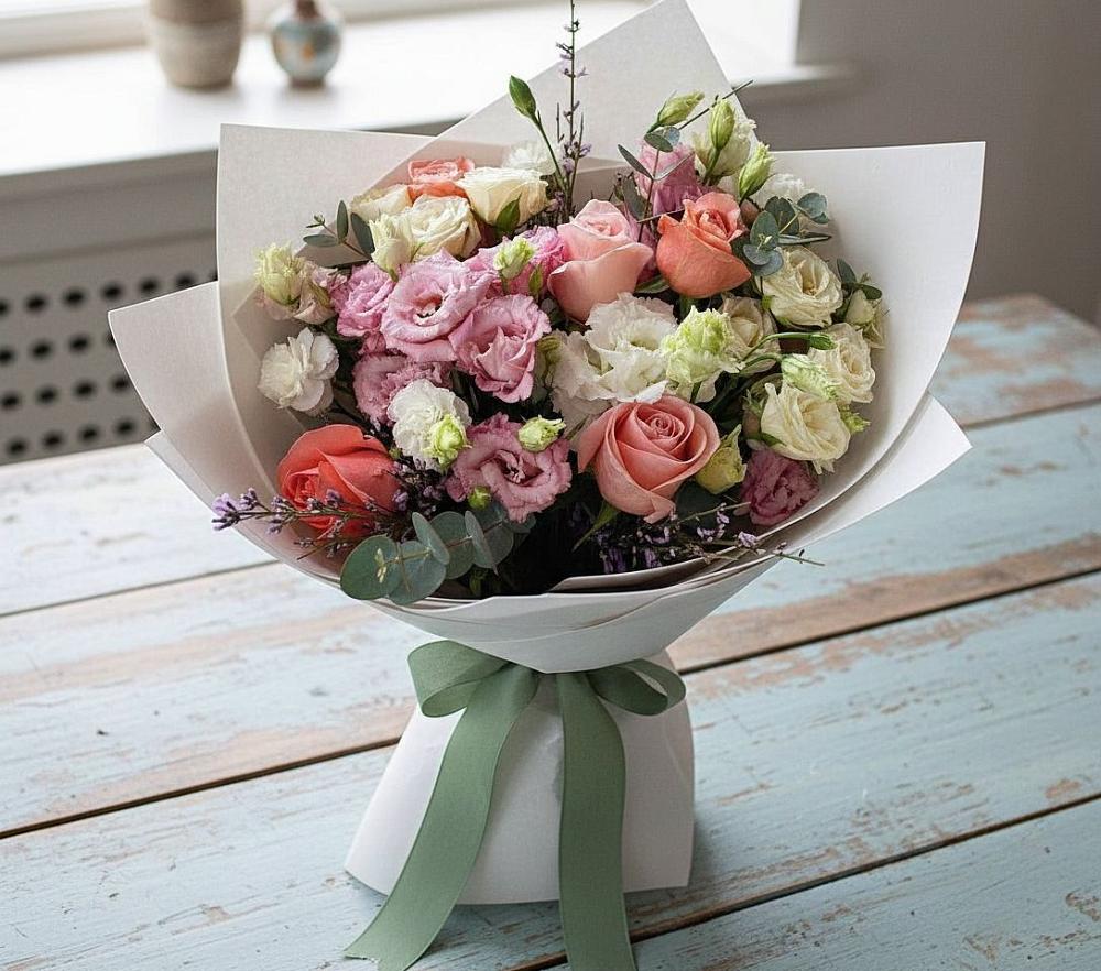 Букет цветов из: Розы, Лизиантусы и Гвоздики в Талах