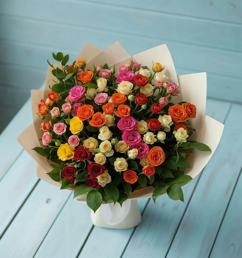 Букет Микс из разноцветных кустовых роз в Талах