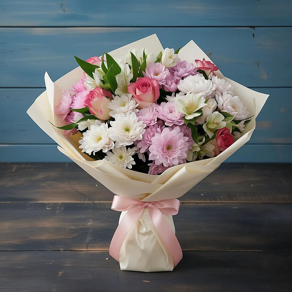 Букет цветов из: Хризантемы, Альстромерии и Розы в Талах